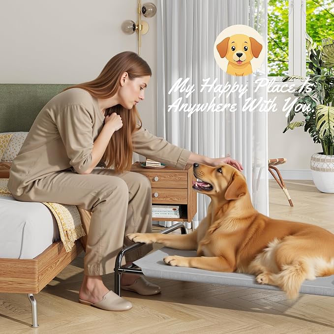 Dog Beds Large Sized Dog, Elevated Dogs Bed for Large Dogs, Portable Cooling Pet Cot with Breathable & Waterproof Mesh, Indoor & Outdoor Raised Pet Hammock Bed, Grey