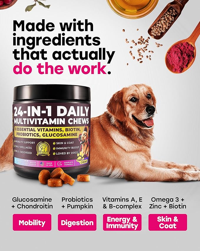 24-in-1 Daily Multivitamin Dog Chews – Beef Flavor – All-in-One PhD-Endorsed Support for Joints, Skin & Coat, Digestion, Immunity, Gut Health, Glucosamine, Omega-3, Probiotics & Antioxidants 140 Chews