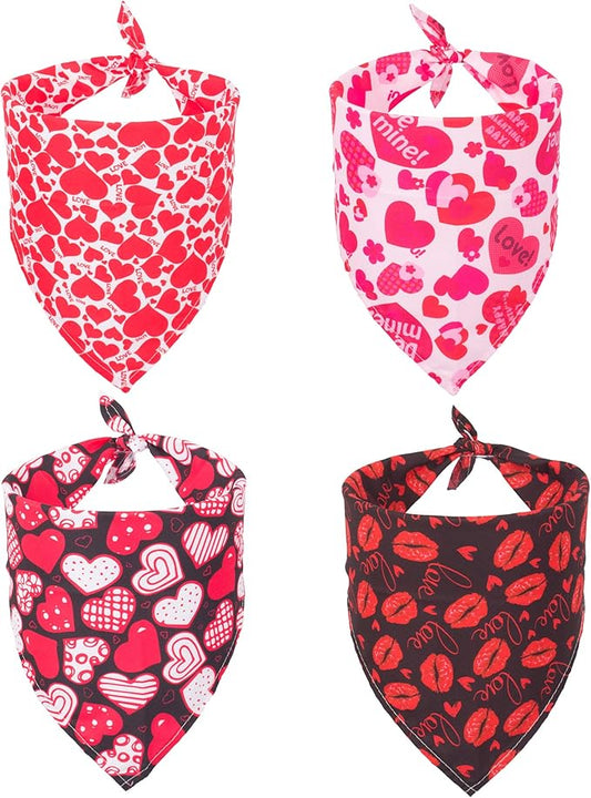 ADOGGYGO 4 Pack Valentine Dog Bandana Triangle Pet Scarf Red Pink Heart Pattern Valentine Bandanas for Small Dogs Pets (Small)