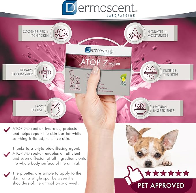 Dermoscent ATOP 7 spot-on - Dogs and Cats Up to 22lbs - Soothing Care for Sensitive, Dry and Itchy Skin or Allergy Prone Skin - Natural Ingredients - 4 pipettes