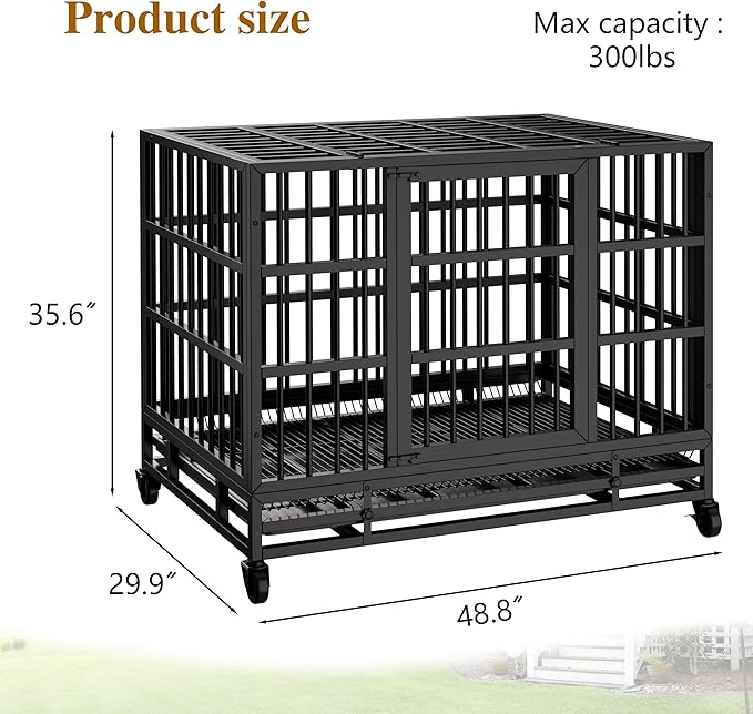 JY QAQA 48/38 Inch Heavy Duty Indestructible Dog Crate Double Doors Escape Proof Cage Kennel,Enhanced Metal Pet Cage,Extra Large XL XXL Crate Indoor for Large Dog with Removable Tray,Lockable Wheels