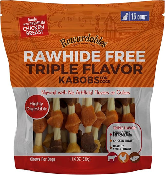 Rawhide Free Triple Flavor Kabobs for Dogs | Real Chicken, Beef and Healthy Sweet Potato | 15 Count