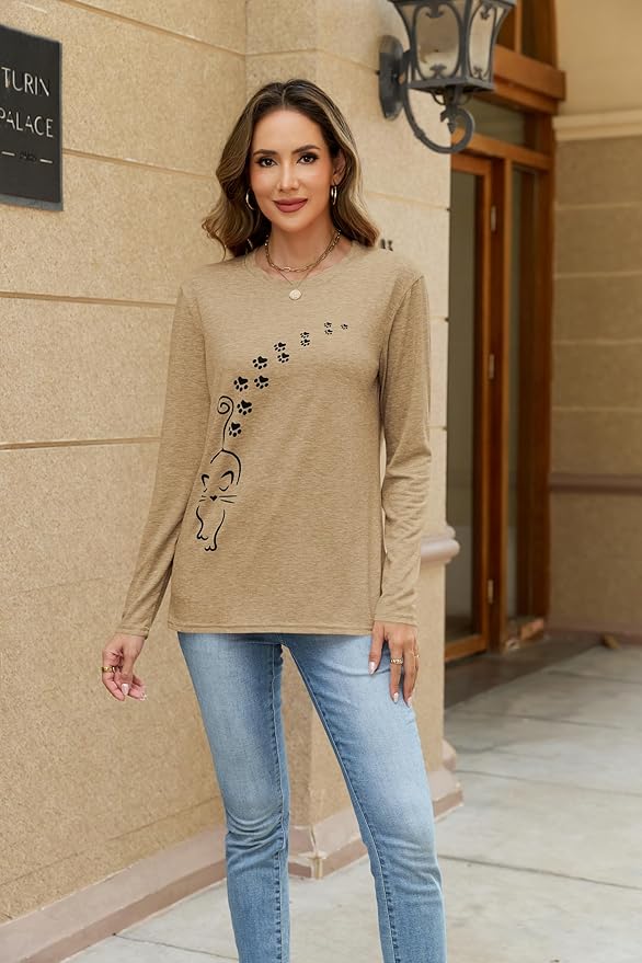 Women's Long Sleeve tees Cat Mom Graphic Tee Shirts Womens Graphic t Shirts Pullover Tops