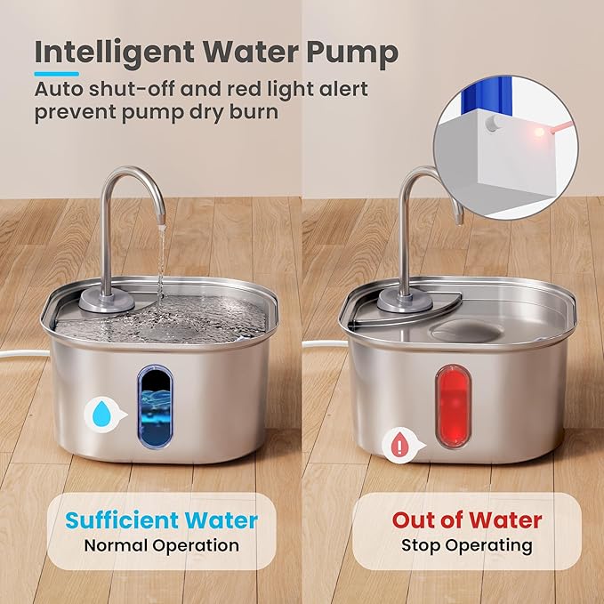 Cat Water Fountain Stainless Steel, 108oz/3.2L Quiet Automatic Cat Fountain for Drinking, Safe Auto Shut-Off, Large Square Pet Water Dispenser for Dogs Indoor with 1 Replacement Filter