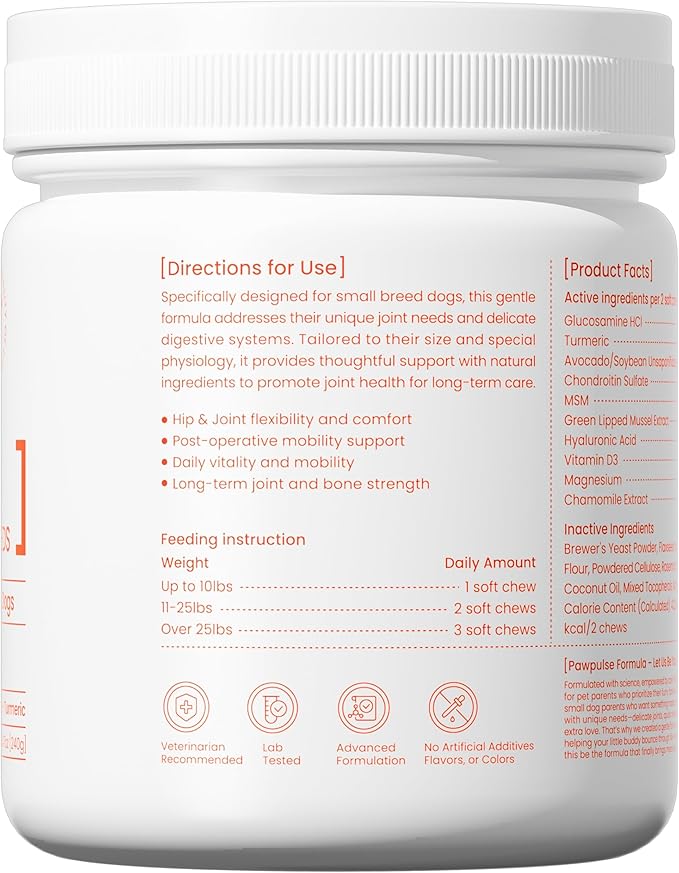PAWPULSE FORMULA Advanced Mobility Dog Joint Supplement for Small Breeds – Hip & Joint Care, Arthritis & Pain Relief with Glucosamine, Chondroitin, MSM, Turmeric, Green Lipped Mussel – 120 Soft Chews