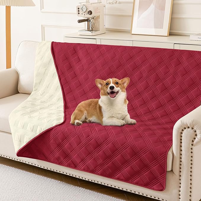 hyha Waterproof Dog Blanket, Reversible Pet Bed Blanket, Soft Sofa Couch Cover for Dogs Washable, Waterproof Pet Couch Covers for Sofa Puppy Cats Furniture Protector(68"x82", Wine Red/Beige)