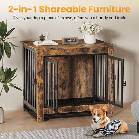 Dog Crate Furniture, 29 Inch Indoor Dog Kennel for Small Dogs Up to 30 LBS, Heavy Duty Wooden Pet Cage End Table with 3 Doors, Alloy Steel Frame & Removable Tray