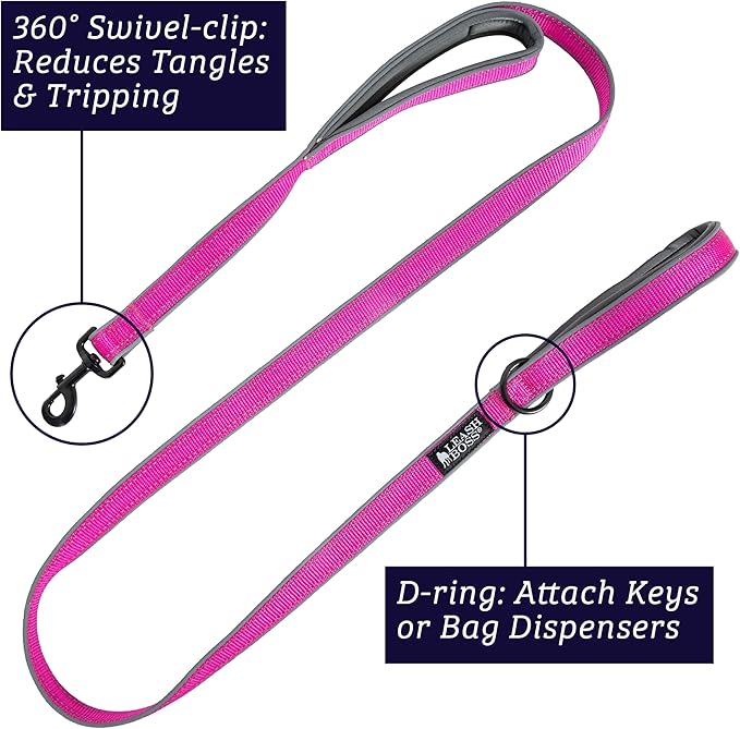 Leash Boss Double Handle Dog Leash, 6 Ft Reflective Dog Leash with Two Padded Handles for Large Dogs or Medium Dogs That Pull (Red)