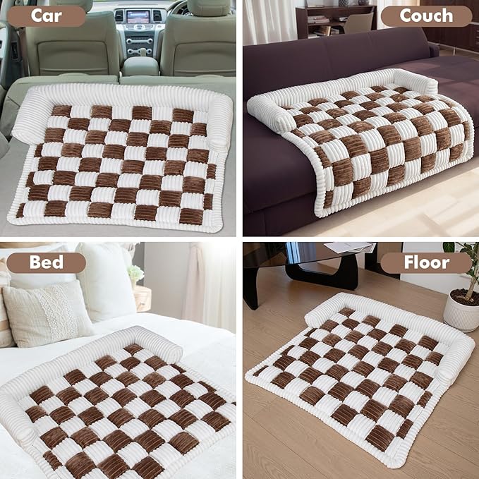 LiveGo Fuzzy Pet Couch Covers for Sofa, Dog Couch Cover Fuzzy Sofa Cover Cream Square Plaid Dog Bed Plush Dog Mat for Furniture Protector for Large Medium Dogs and Cats (Dark Brown, 35.4"*35.4")