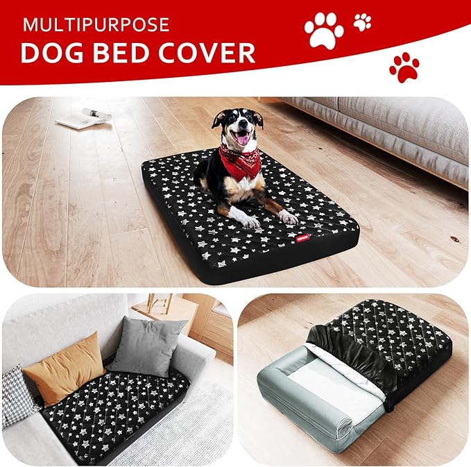 Waterproof Dog Bed Covers Replacement Washable Pet Hair Easy to Remove, Noiseless Quilted Puppy Pet Bed Cover Lovely Black Star Print 16x25 Inches, for Dog/Cat, Cover Only