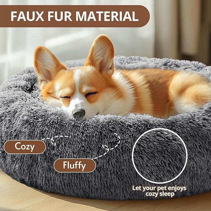 JOLLYVOGUE Small Dog & Cat Beds for Indoor Cats, Donut Cuddler Warming Soft Dog Beds with Anti-Slip Bottom, Round Calming Fluffy Plush Faux Fur Cushion Bed for Small Dogs (23", Smoke Black)