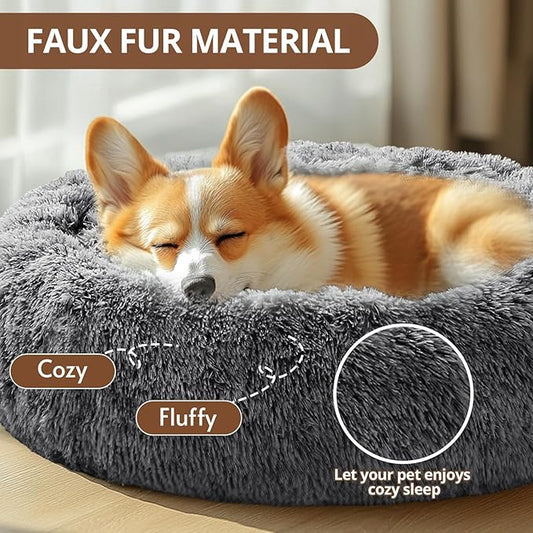 JOLLYVOGUE Small Dog & Cat Beds for Indoor Cats, Donut Cuddler Warming Soft Dog Beds with Anti-Slip Bottom, Round Calming Fluffy Plush Faux Fur Cushion Bed for Small Dogs (23", Smoke Black)