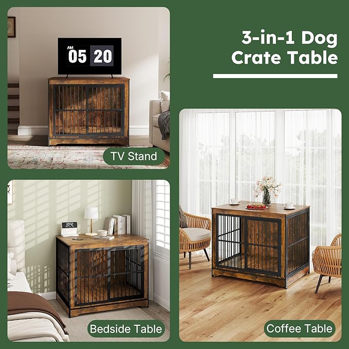 42 in Dog Crate, XL Dog Crate Furniture with 3 Doors, Wooden Dog Furniture Crate for Medium Dogs Large Breed, Heavy Duty Dogs Kennel End Table, Multiple Units Can be Combined or Stacked