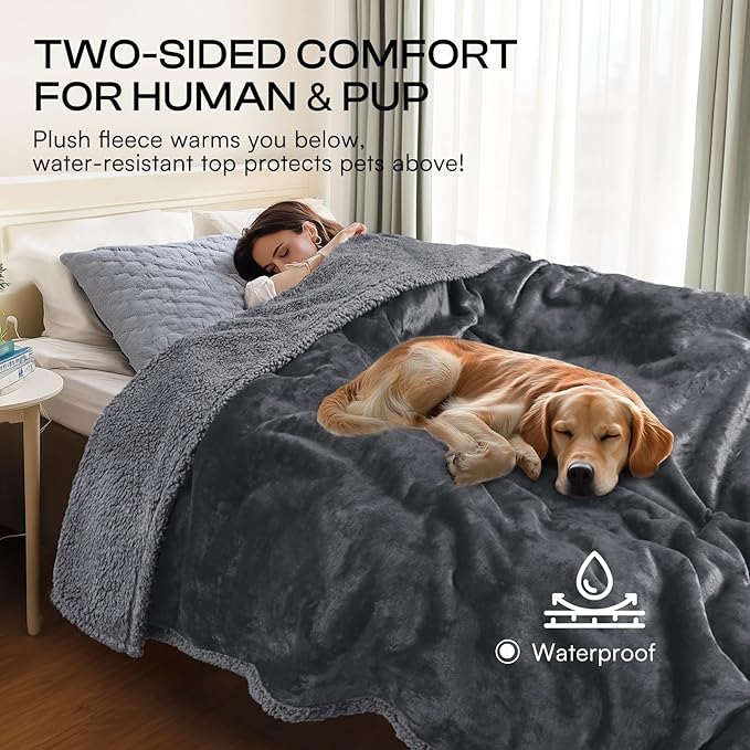Waterproof Pet Blanket, Liquid Pee Proof Dog Blanket for Sofa Bed Couch, Reversible Sherpa Fleece Furniture Protector Cover for Small Medium Large Dogs Cats, Dark Gray Medium（57" x 40"）