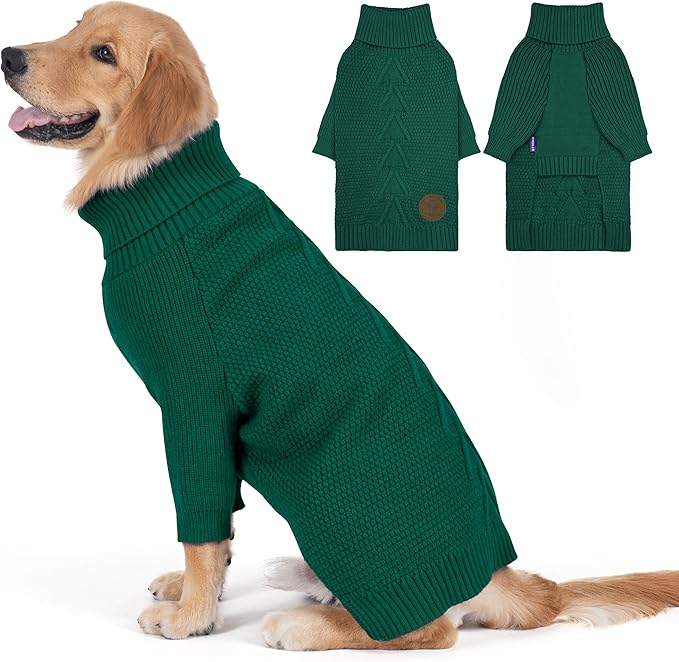 cyeollo Dog Christmas Sweater Pullover Turtleneck for Large Dogs, Classic Knitwear Fall Winter Cold Weather Dog Clothes Warm Pet Apparel Small Medium Large Dog Sweaters, Green 2XL