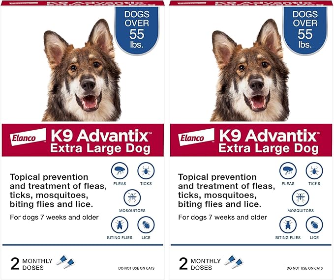 K9 Advantix Flea, Tick & Mosquito Prevention for Dogs Over 55 lbs. | Flea Drops for Extra Large Dogs | Apply Monthly | 2 Treatments (Pack of 2)