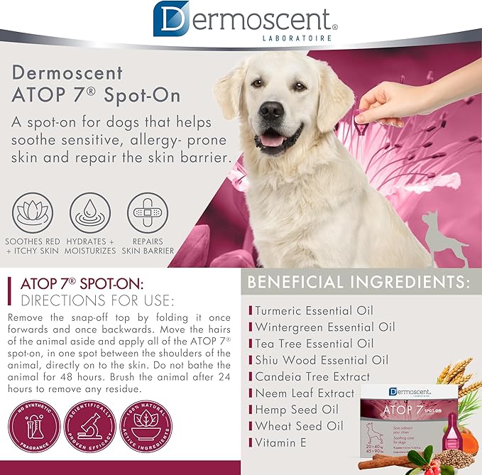 Dermoscent ATOP 7 spot-on - Large Dogs 45-90 lbs - Soothing Care for Sensitive, Dry and Itchy Skin or Allergy Prone Skin - Natural Ingredients - 4 pipettes
