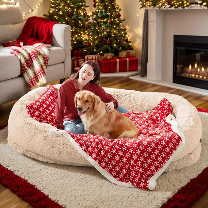 Human & Pet Bed - 71''x45''x12'' Washable Faux Fur, Orthopedic Dog Bed for Napping, Plump Pillow & Blanket, Strap - Beige