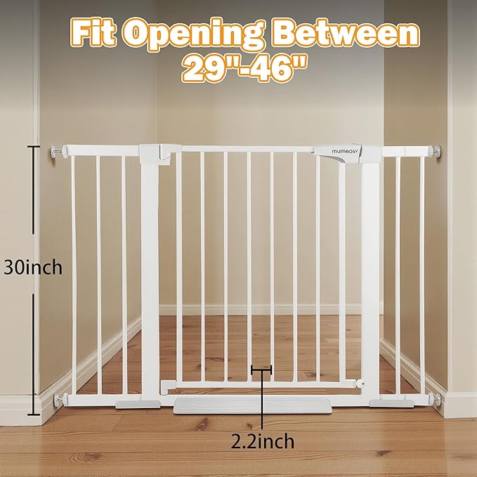 Mumeasy Baby Gate for Stairs - 29.6-46" Auto Close Dog Gate for Doorways, Extra Wide Child Gate Indoor, Walking Through Safety Gate for Kid, Pet Gates No Drilling White, Mom's Choice Awards Winner