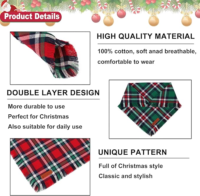 ADOGGYGO Christmas Dog Bandanas with Tassels, Festive Red Green Plaid Xmas Puppy Scarf Bib, Soft Cotton Fabric, Pet Christmas Bandanas for Small Dogs (Small)