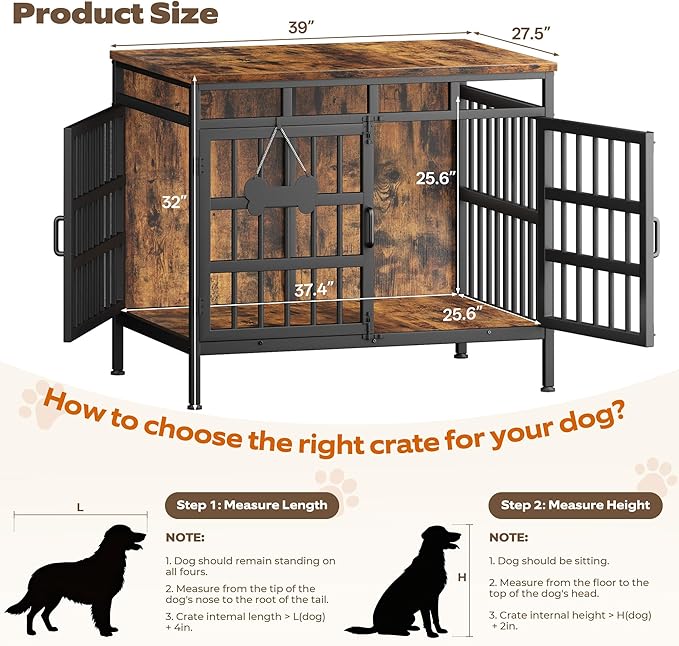 39 Inch Dog Crate Furniture, Heavy Duty Dog Kennel for Small Medium Large Dogs, Double Doors Indoor Decor Pet House Cage, Anti Escape Wooden Dog Cage with Name Tag End Table, TV Stand, Brown