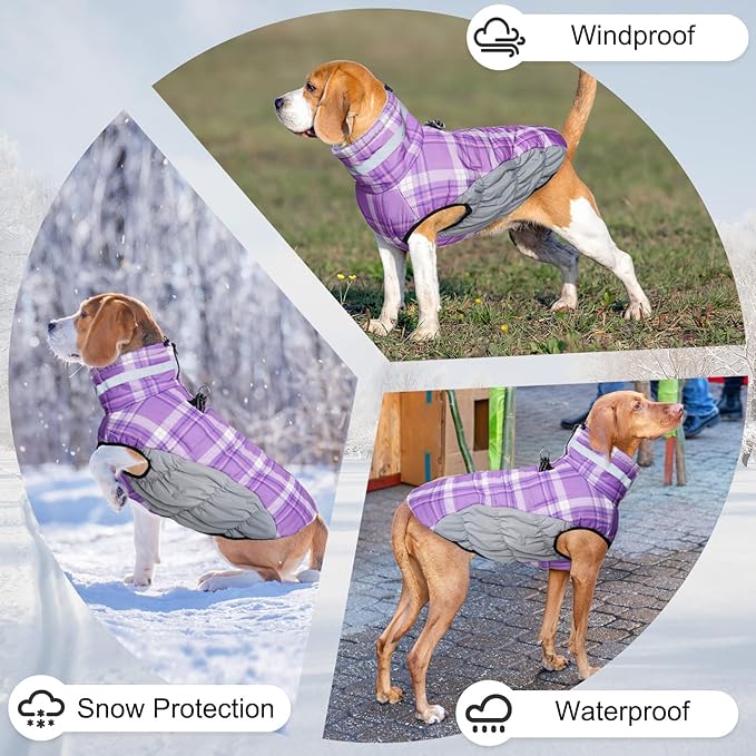BEAUTYZOO Dog Winter Coat with Harness Built in, Reflective Plaid Puffer Vest Waterproof for Large Dogs, Fleece Warm Puppy Zipped Jacket with D Ring, Pet Cold Weather Sweater Clothes, Purple L
