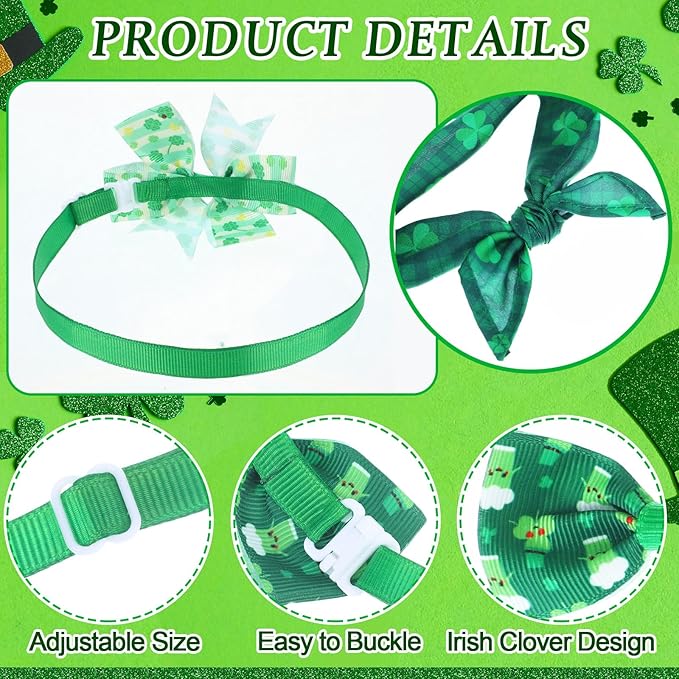 Reginary 40pcs St. Patrick's Day Dog Bow Ties Collars Bulk Clover Dog Bandanas Neckties Adjustable Shamrock Collars Pet Grooming Accessories for Small Medium Cats Holiday Pet Decorations