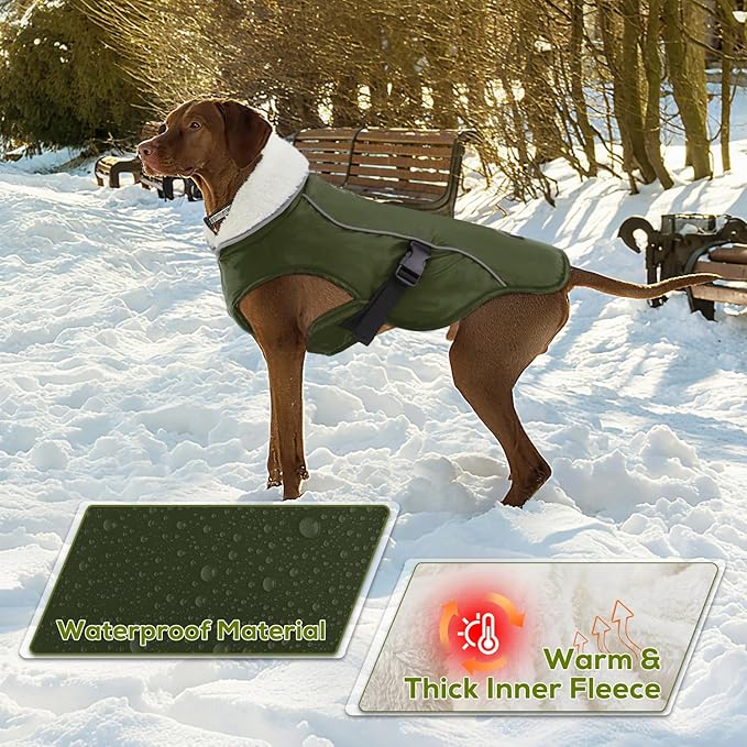 EMUST Dog Coat for Winter, Cozy Winter Jackets for Small/Medium/Large Dogs, Solid Color Dog Apparel for Cold Weather with Fleece Lining, Green, XXXL