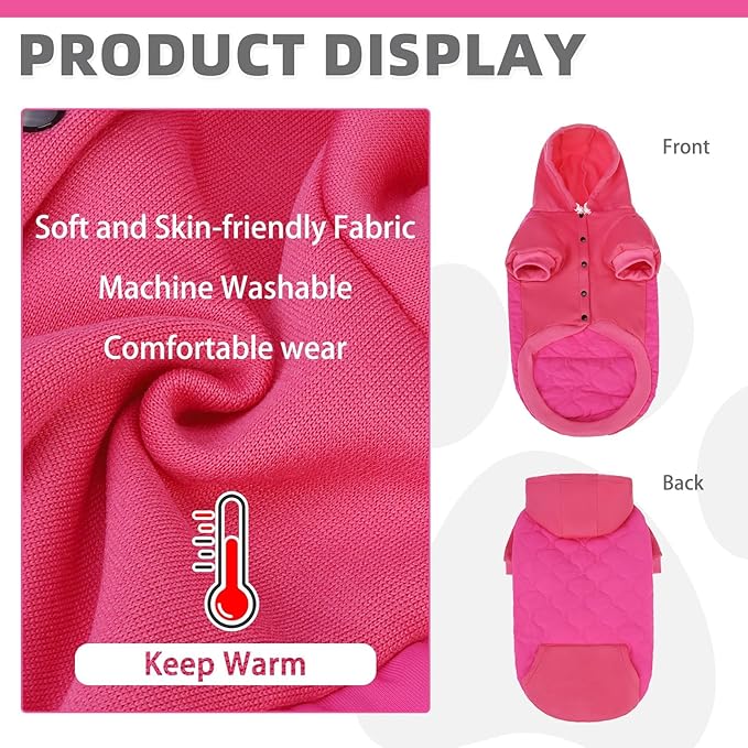 KOOLTAIL Warm Dog Winter Coat for Small Dogs, Waterproof Puppy Jacket with Leash Hole, Cold Weather Pet Vest for Winter, Soft Hoodie Sweater Sweatshirt Clothes for Puppy Cats Girls Boys Rose Red S