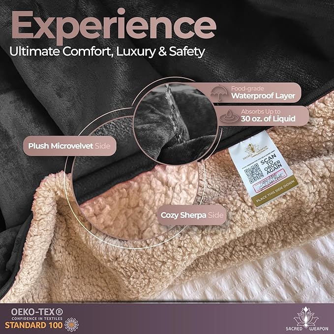 VIP Waterproof Blanket for Bed – Leak & Stain Proof Splash Throw – Fuzzy Cuddle Dry Towel, Pad, Couch Cover – Queen & Twin Size – Washable – Black Waterproof Mattress Protector -50x80 in