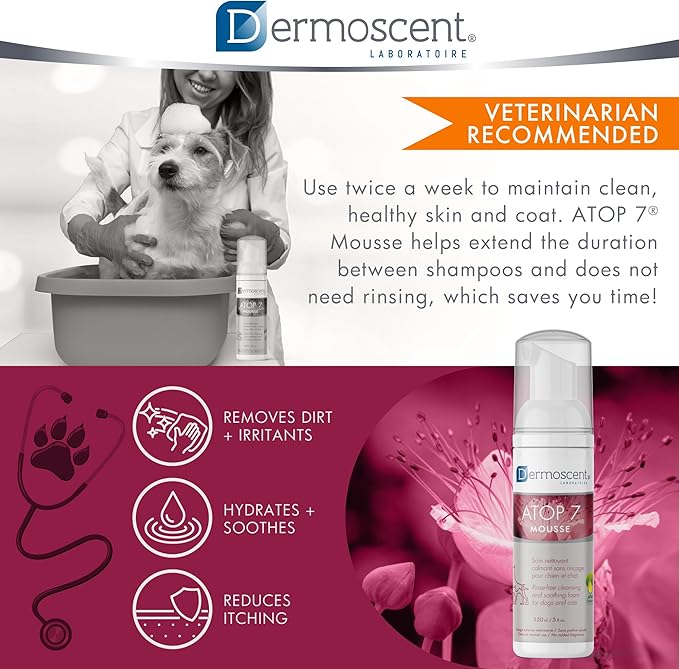 Dermoscent ATOP 7 Mousse - Waterless Dog Shampoo for Dogs & Cats - Cleansing Soothing Dry Shampoo for Itchy Skin Relief & Allergy-Prone Skin - 150 ml