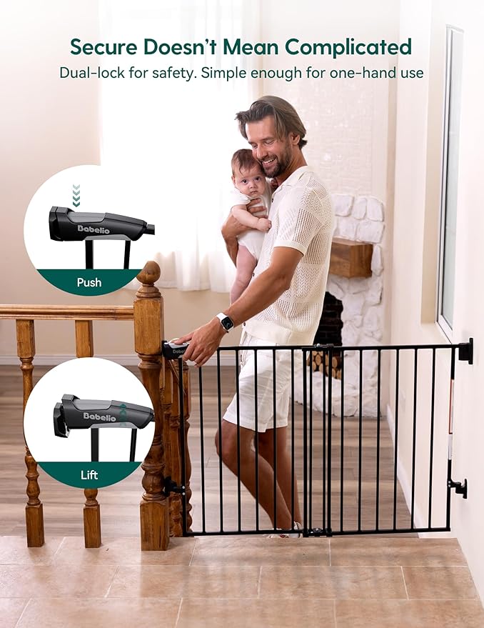 Babelio Baby Gate for Stairs, Kitchen & Doorways, No Bottom Bar| Easy Installation| One-Handed Operation| Auto-Close| Hardware Mount (Drill Needed) Safety Dog Gate (Black-B17, 29-49" W, 28" H)
