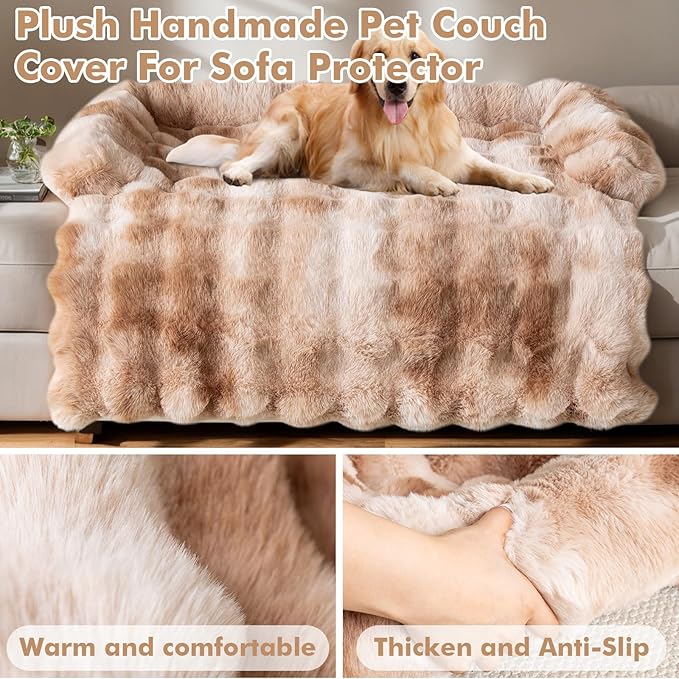 LiveGo Fuzzy Calming Dog Sofa Bed Mat, Washable Plush Couch Cover for Pets, Furniture Protector with Anti-Slip Bottom (Tie-dye Brown, 35.4"*35.4")