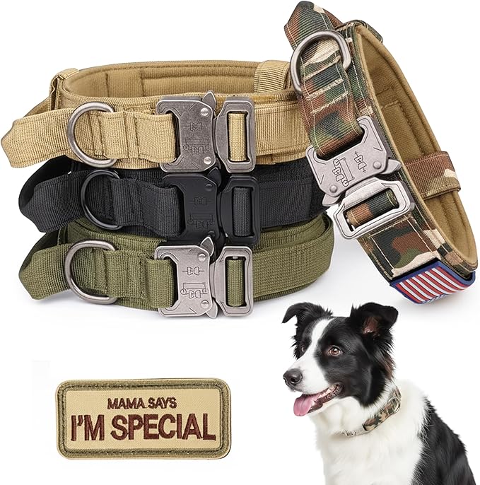 KCUCOP Tactical Dog Collar - Heavy Duty Collar with Handle and Metal Buckle, Military Thick Dog Collars for Medium and Large Dogs(Upgrade Camo-M, 2 Patches)