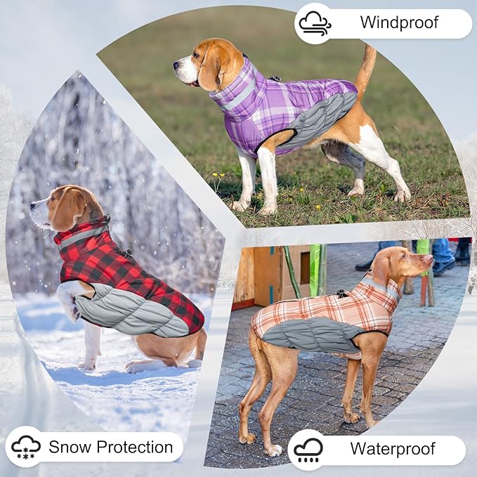BEAUTYZOO Dog Winter Coat with Harness Built in, Reflective Plaid Puffer Vest Waterproof for Large Dogs, Fleece Warm Puppy Zipped Jacket with D Ring, Pet Cold Weather Sweater Clothes, Red L