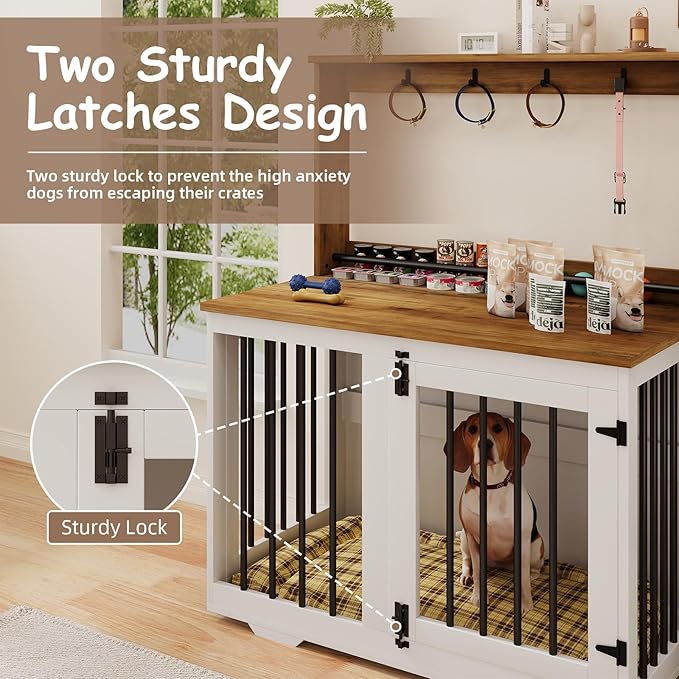 Dog Crate Furniture, Wooden Dog Crates for Small Dogs, Dog Kennel Indoor with Storage Shelf, 4 Hooks, Heavy Duty Dog Crate for Small/Medium Dogs, White