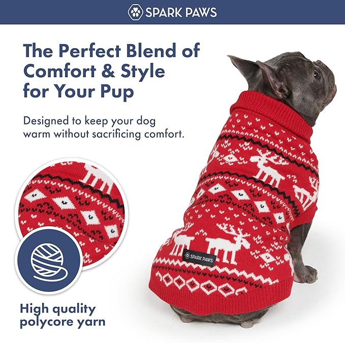 Spark Paws Christmas Dog Sweater – Ultra Soft Holiday Knit Sweater for Small, Medium & Large Dogs, Cute Pet Sweater for French Bulldogs & Big Dogs, Easy Potty V Cut Design Jacket - (Dasher Red,XL)