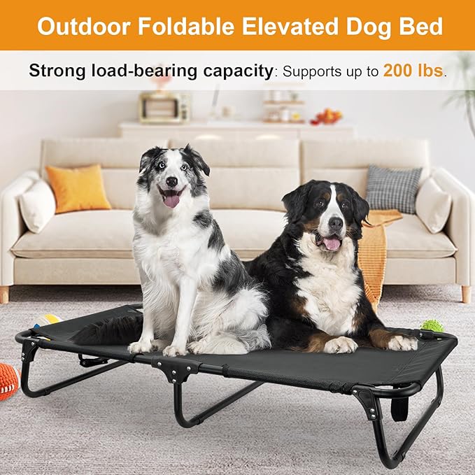 Foldable Elevated Dog Bed, No Assembly Need, Waterproof Folding Raised Dog Bed, Outdoor Dogs Cot Cooling Pet Hammock Bed with Breathable Mesh for Small Medium Size Dogs, Chew-Proof, Black