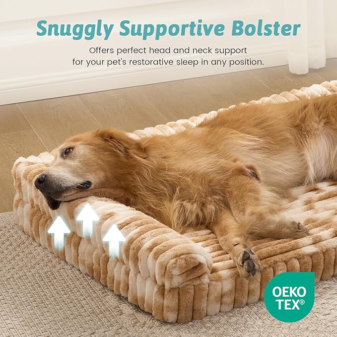 Cute Dog Bed, Faux Fur Orthopedic Foam Dog Bed with Sides, Removable Washable Cover & Waterproof Lining, Comfortable Pet Couch for Large Dogs, Tie-Dye Brown (44" L x 32" W x 7" Th)