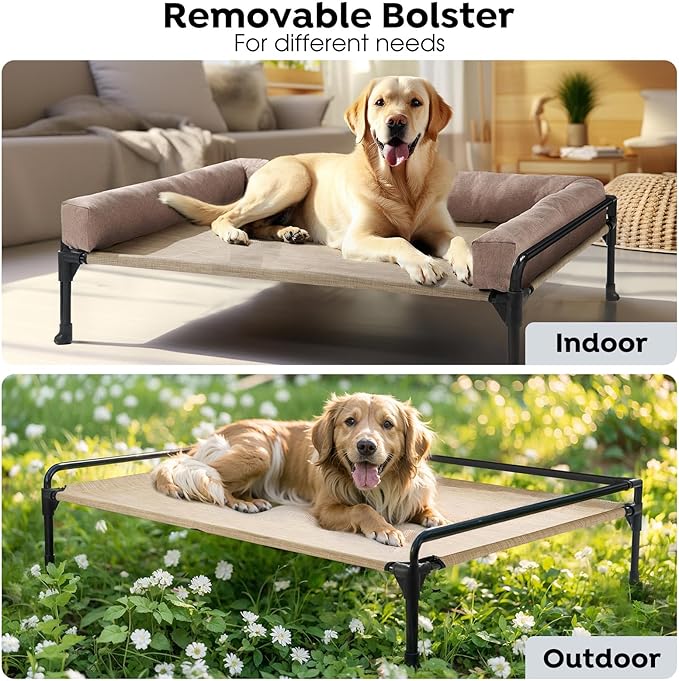 Veehoo Elevated Raised Dog Bed-Cooling Outdoor Dog Cot Bed for Large Sized Dogs Three-Sided Fence Raised Pet Cot with Mesh &No-Slip Feet Dog Hammock Bed with Removable Bolster-35 x 22" Beige Coffee