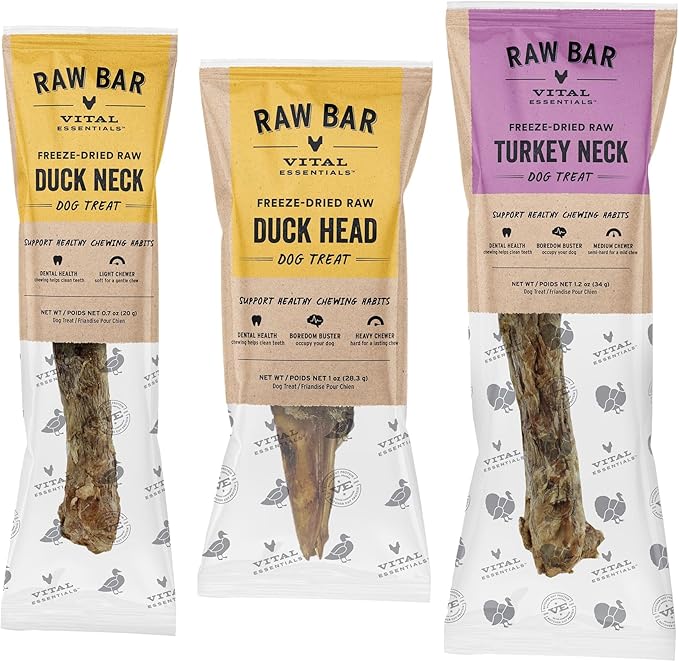 Vital Essentials Freeze-Dried Raw Bar Poultry Bundle | Duck Head, Duck Neck, Turkey Neck | Single Ingredient Dog Treat & Natural Chews | Made in USA | 3 Pack