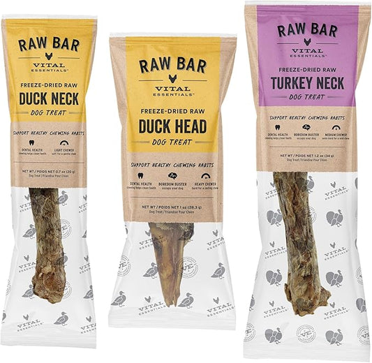 Vital Essentials Freeze-Dried Raw Bar Poultry Bundle | Duck Head, Duck Neck, Turkey Neck | Single Ingredient Dog Treat & Natural Chews | Made in USA | 3 Pack