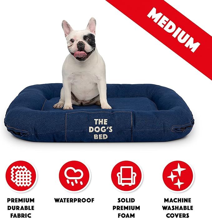 The Dog's Bed Utility Waterproof Dog Bed, Medium, Durable Blue Denim Fabric, Tough YKK Zippers, Washable Reversible Cover for Home, Car, Crate & Yard, Puppy & All Pet Comfort, Veterinary Approved