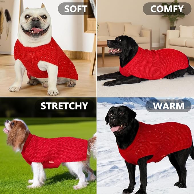 KYEESE Dog Christmas Sweater with Leash Hole Warm Pullover with Reflective Yarn for Small and Medium Dogs Male Soft Knit Pullover Boy Dog Coats Cozy Lightweight Thick Sweater,Red,Large