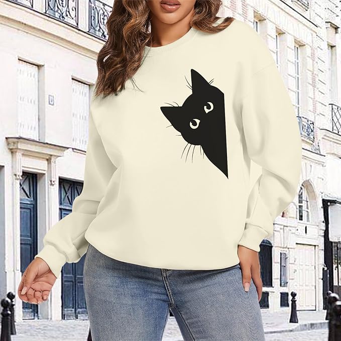 Cat Sweatshirts for Women Graphic Print Sweatshirt Funny Long Sleeve Shirt Cute Pullover Lightweight Hoodie Tops