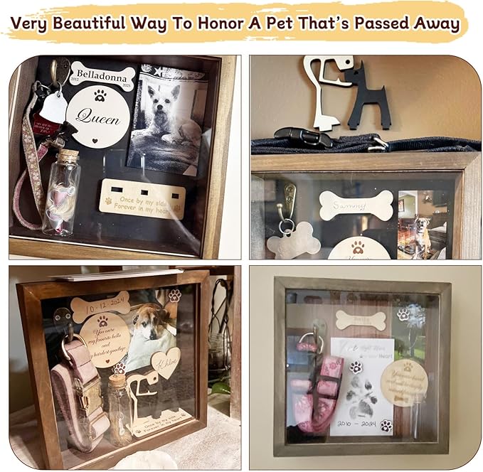 Dog Memorial Shadow Box Gift Pet Memory Display Case Wooden Picture Frame Pet Paw Ink Kit Glass Fur Jar Pets Keepsake Holder for Passed Away Dogs Cats idea Gifts for Pet Lover (Brown Dog Frame)
