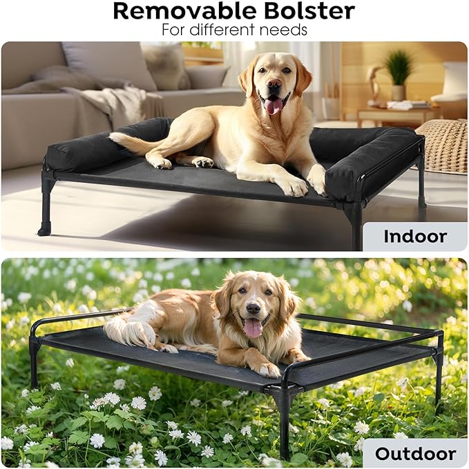 Veehoo Elevated Raised Dog Bed-Cooling Outdoor Dog Cot Bed for Large Sized Dogs Three-Sided Fence Raised Pet Cot with Mesh & No-Slip Feet Dog Hammock Bed with Removable Bolster-35 x 22" Black