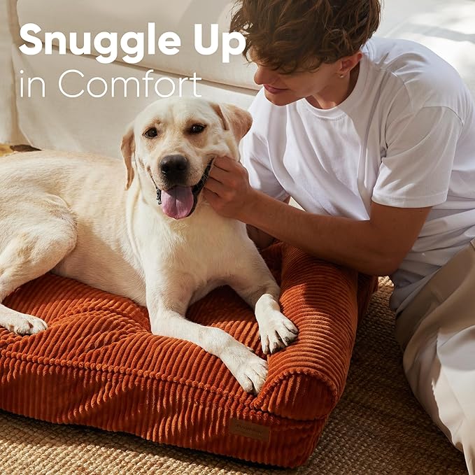 FUKUMARU Cute Dog Bed, Waterproof Corduroy Dogs Couch, 36in Orthopedic Pet Sofa for Medium to Large Dogs Dog, Warm Cotton Pet Bed with Washable Cover, Large, Orange