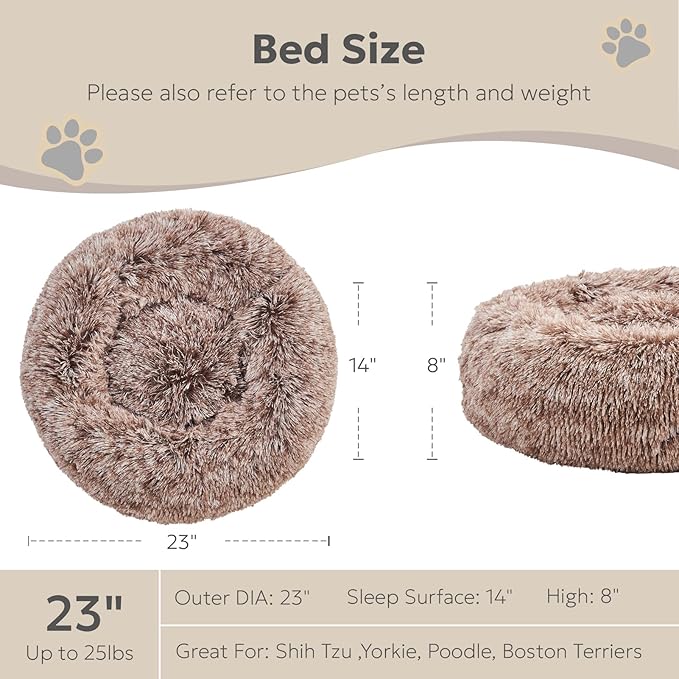 Calming Dog Bed for Small Dogs, Anti-Anxiety Donut Small Puppy Bed Washable, Fluffy Plush Faux Fur Large Cat Bed, Fits up to 20 lbs Pets (Brown, 23")