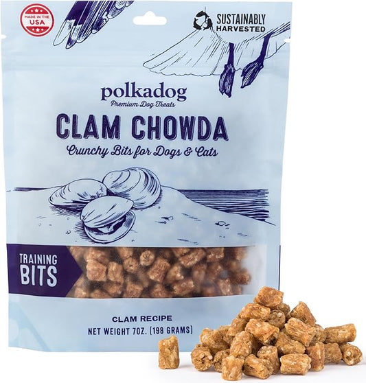 Polkadog Clam Chowda Crunchy Training Bits – All Natural, Limited Ingredient Healthy Training Treats for Dogs. Handcrafted & Made in USA. Made with Atlantic Quahogs, High in Omega-3 – 7oz